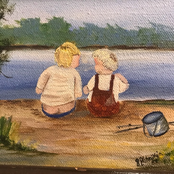 Vintage Other - Two Little boys fishing framed painting oil